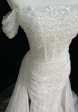Vintage Bridal Gown 1960s Mermaid Off The Shoulder Sequin Long White Wedding Dresses Elegant Bridal Gowns HZ1121
