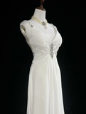 Modern A line Straps Silver Beads Chiffon Long White Backless Wedding Dresses Elegant Bridal Gowns HZ1121