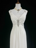 Modern A line Straps Silver Beads Chiffon Long White Backless Wedding Dresses Elegant Bridal Gowns HZ1121