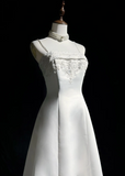 Vintage A line Spaghetti Straps White Satin Long 1940s 1950s Wedding Dresses Elegant Bridal Gowns HZ1121