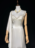 Vintage Mermaid Spaghetti Straps White Satin Beads Long 1940s 1950s Wedding Dresses Elegant Bridal Gowns HZ1121