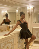 Pretty A line Square Neck Little Black Dress Satin Short Mini Formal 8th Grade Homecoming Dresses Summer Middle School Hoco Dress Homecoming Outfits HZ1121