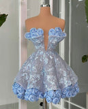 Fancy Short Hoco Dresses A line Strapless Sequin Mini Blue Formal 8th Grade Homecoming Dresses Summer Middle School Homecoming Outfits HZ1121