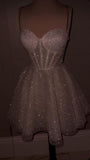 Cute A Line Spaghetti Straps White Sequin Mini Short Formal 8th Grade Homecoming Dresses Summer Middle School Hoco Dress Homecoming Outfits HZ1121