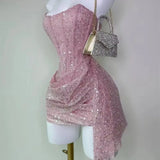 Cute Sheath Strapless Pink Sequin Mini Short Formal 8th Grade Homecoming Dresses Summer Middle School Hoco Dress Homecoming Outfits HZ1121