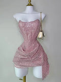 Cute Sheath Strapless Pink Sequin Mini Short Formal 8th Grade Homecoming Dresses Summer Middle School Hoco Dress Homecoming Outfits HZ1121