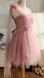 Cute A line One Shoulder Pink Tulle Mini Short Formal 8th Grade Homecoming Dresses Summer Middle School Hoco Dress Homecoming Outfits Birthday Outfit HZ1121