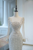 Unique Bridal Gown Mermaid Square Neck Long Sleeves White Silver Beads Wedding Dresses Modest Bridal Gowns HZ1121