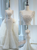 Unique Bridal Gown Mermaid Square Neck Long Sleeves White Silver Beads Wedding Dresses Modest Bridal Gowns HZ1121