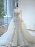 Unique Bridal Gown Mermaid Square Neck Long Sleeves White Silver Beads Wedding Dresses Modest Bridal Gowns HZ1121