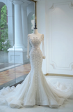 Unique Bridal Gown Mermaid Square Neck Long Sleeves White Silver Beads Wedding Dresses Modest Bridal Gowns HZ1121
