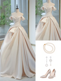Timeless Bridal Gown Ball Gown Off The Shoulder Satin Long Light Pink Wedding Dresses Elegant Brides Gowns HZ1121