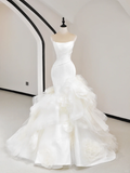 Unique Bridal Gown Mermaid Strapless White Satin Long Wedding Dresses Elegant Brides Gowns HZ1121