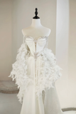 Unique Bridal Gown A Line Sweetheart White Satin Long Wedding Dresses Silver Beads Elegant Brides Gowns HZ1121