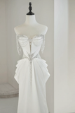 Unique Bridal Gown A Line Sweetheart White Satin Long Wedding Dresses Silver Beads Elegant Brides Gowns HZ1121