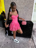 Cute A Line Spaghetti Straps Pink Lace Sleeveless Mini Short Formal 8th Grade Homecoming Dresses Summer Middle School Hoco Dress Homecoming Outfits HZ1121