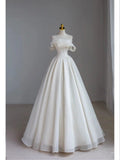 Classic Bridal Gown Ball Gown Off The Shoulder Short Sleeves Satin White Wedding Dresses Elegant Bridal Gowns HZ1121