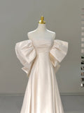 Classic Bridal Gown A Line Off The Shoulder Short Sleeves Satin White Wedding Dresses Minimalist Bridal Gowns HZ1121