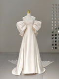 Classic Bridal Gown A Line Off The Shoulder Short Sleeves Satin White Wedding Dresses Minimalist Bridal Gowns HZ1121