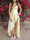Elegant High Low Spaghetti Straps Yellow Satin Long Prom Dresses Party Dress Summer 20th Birthday Outfits 18th Birthday Dresses HZ1121