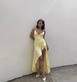 Elegant High Low Spaghetti Straps Yellow Satin Long Prom Dresses Party Dress Summer 20th Birthday Outfits 18th Birthday Dresses HZ1121