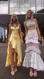 Elegant High Low Spaghetti Straps Yellow Satin Long Prom Dresses Party Dress Summer 20th Birthday Outfits 18th Birthday Dresses HZ1121