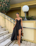 Elegant High Low Spaghetti Straps Black Satin Long Prom Dresses Party Dress Summer 20th Birthday Outfits 18th Birthday Dresses HZ1121