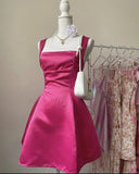 Cute A line Square Neck Hot Pink Satin Mini Short Formal 8th Grade Homecoming Dresses Summer Middle School Hoco Dress Homecoming Outfits 25 Birthday Dress HZ1121
