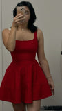 Cute A line Square Neck Red Satin Mini Short Formal 8th Grade Homecoming Dresses Summer Middle School Hoco Dress Homecoming Outfits 25 Birthday Dress HZ1121
