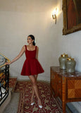 Cute A line Square Neck Burgundy Satin Mini Short Formal 8th Grade Homecoming Dresses Summer Middle School Hoco Dress Homecoming Outfits 25 Birthday Dress HZ1121