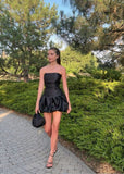 Cute Sheath Strapless Black Satin Mini Short Formal 8th Grade Homecoming Dresses Summer Middle School Hoco Dress Homecoming Outfits 25 Birthday Dress HZ1121