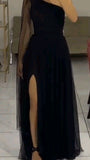 Elegant A line One Shoulder Black Slit Tulle Prom Dresses Party Dress Summer 20th Birthday Outfits 18th Birthday Dresses HZ1121