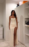Elegant Mermaid Strapless Slit Satin Long Prom Dresses Party Dress Summer 20th Birthday Outfits 18th Birthday Dresses HZ1121