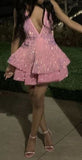 Pretty Ball Gown Halter Pink Sequin Short Formal 8th Grade Homecoming Dresses Summer Middle School Hoco Dress Homecoming Outfits HZ1121