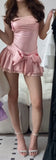 Pretty A line Square Neck Sleeveless Pink Satin Short Mini Feathers Formal 8th Grade Homecoming Dresses Summer Middle School Hoco Dress Homecoming Outfits HZ1121