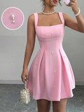 Pretty A line Square Neck Sleeveless Pink Short Mini Formal 8th Grade Homecoming Dresses Summer Middle School Hoco Dress Homecoming Outfits HZ1121