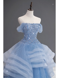Pretty Ball Gown Off The Shoulder Blue Tulle Long Quinceanera Dress Formal Gowns Vestido De 15 Anos Sweet 16 Dress HZ1121