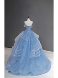 Pretty Ball Gown Off The Shoulder Blue Tulle Long Quinceanera Dress Formal Gowns Vestido De 15 Anos Sweet 16 Dress HZ1121