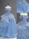 Pretty Ball Gown Off The Shoulder Blue Tulle Long Quinceanera Dress Formal Gowns Vestido De 15 Anos Sweet 16 Dress HZ1121