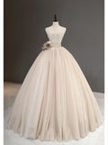 Unique Bridal Gown Ball Gown Strapless Champagne Tulle Long Wedding Dresses With Silver Beads Elegant Brides Gowns HZ1121