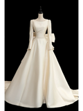 Timeless Bridal Gown Ball Gown Scoop Long Sleeves Satin Long Wedding Dresses Elegant Bridal Gowns HZ1121