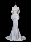 Pretty Bridal Gown Mermaid Off The Shoulder Satin Long Sleeves White Wedding Dresses Elegant Bridal Gowns Brides Dress HZ1121