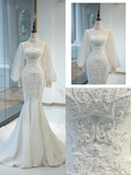 Timeless Bridal Gown Mermaid Square Neck Tulle Long Sleeves Wedding Dresses Elegant Bridal Gowns HZ1121