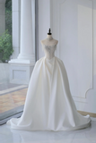 Timeless Bridal Gown Ball Gown Strapless Satin Silver Beads Sleeveless Long White Wedding Dresses Elegant Bridal Gowns HZ1121