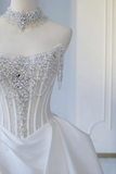 Timeless Bridal Gown Ball Gown Strapless Satin Silver Beads Sleeveless Long White Wedding Dresses Elegant Bridal Gowns HZ1121