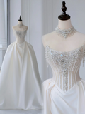 Timeless Bridal Gown Ball Gown Strapless Satin Silver Beads Sleeveless Long White Wedding Dresses Elegant Bridal Gowns HZ1121