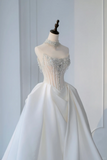 Timeless Bridal Gown Ball Gown Strapless Satin Silver Beads Sleeveless Long White Wedding Dresses Elegant Bridal Gowns HZ1121