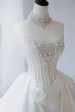 Timeless Bridal Gown Ball Gown Strapless Satin Silver Beads Sleeveless Long White Wedding Dresses Elegant Bridal Gowns HZ1121