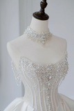 Timeless Bridal Gown Ball Gown Strapless Satin Silver Beads Sleeveless Long White Wedding Dresses Elegant Bridal Gowns HZ1121