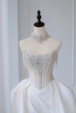 Timeless Bridal Gown Ball Gown Strapless Satin Silver Beads Sleeveless Long White Wedding Dresses Elegant Bridal Gowns HZ1121
